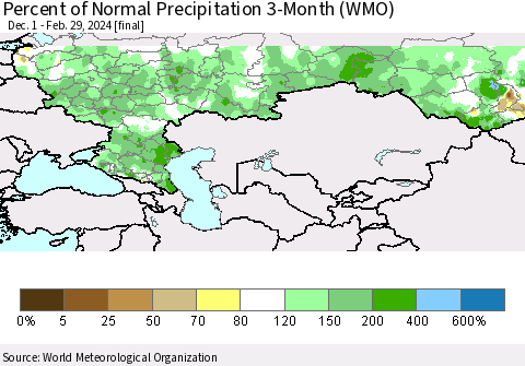Russian Federation Percent of Normal Precipitation 3-Month (WMO) Thematic Map For 12/1/2023 - 2/29/2024