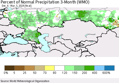 Russian Federation Percent of Normal Precipitation 3-Month (WMO) Thematic Map For 12/6/2023 - 3/5/2024
