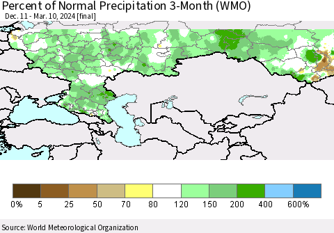Russian Federation Percent of Normal Precipitation 3-Month (WMO) Thematic Map For 12/11/2023 - 3/10/2024