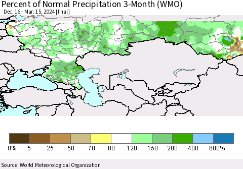 Russian Federation Percent of Normal Precipitation 3-Month (WMO) Thematic Map For 12/16/2023 - 3/15/2024