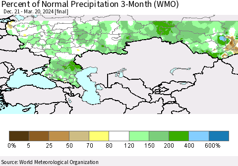 Russian Federation Percent of Normal Precipitation 3-Month (WMO) Thematic Map For 12/21/2023 - 3/20/2024