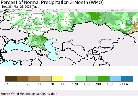 Russian Federation Percent of Normal Precipitation 3-Month (WMO) Thematic Map For 12/26/2023 - 3/25/2024
