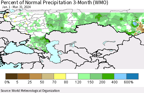Russian Federation Percent of Normal Precipitation 3-Month (WMO) Thematic Map For 1/1/2024 - 3/31/2024
