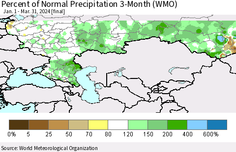 Russian Federation Percent of Normal Precipitation 3-Month (WMO) Thematic Map For 1/1/2024 - 3/31/2024