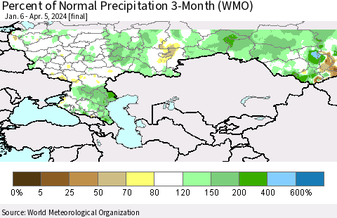 Russian Federation Percent of Normal Precipitation 3-Month (WMO) Thematic Map For 1/6/2024 - 4/5/2024