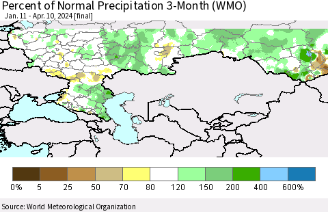 Russian Federation Percent of Normal Precipitation 3-Month (WMO) Thematic Map For 1/11/2024 - 4/10/2024