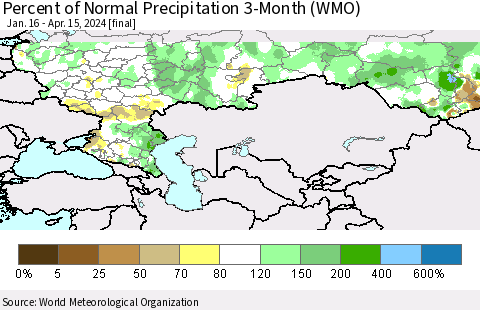 Russian Federation Percent of Normal Precipitation 3-Month (WMO) Thematic Map For 1/16/2024 - 4/15/2024