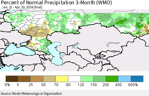 Russian Federation Percent of Normal Precipitation 3-Month (WMO) Thematic Map For 1/21/2024 - 4/20/2024