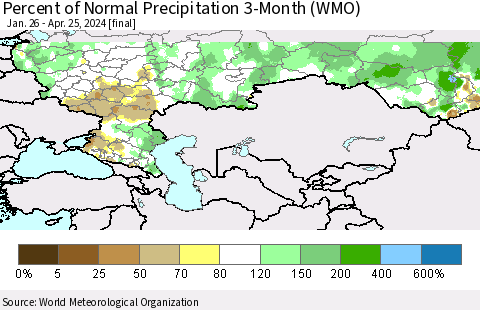 Russian Federation Percent of Normal Precipitation 3-Month (WMO) Thematic Map For 1/26/2024 - 4/25/2024