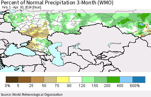 Russian Federation Percent of Normal Precipitation 3-Month (WMO) Thematic Map For 2/1/2024 - 4/30/2024