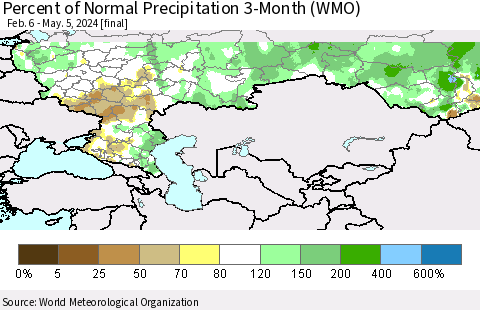 Russian Federation Percent of Normal Precipitation 3-Month (WMO) Thematic Map For 2/6/2024 - 5/5/2024