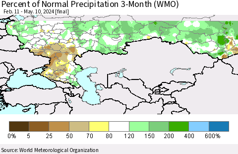 Russian Federation Percent of Normal Precipitation 3-Month (WMO) Thematic Map For 2/11/2024 - 5/10/2024