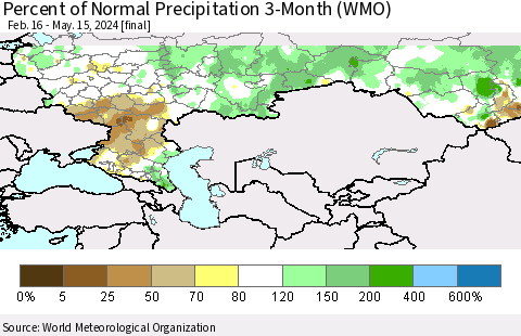 Russian Federation Percent of Normal Precipitation 3-Month (WMO) Thematic Map For 2/16/2024 - 5/15/2024