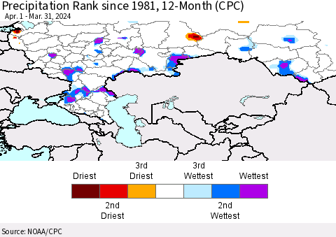 Russian Federation Precipitation Rank since 1981, 12-Month (CPC) Thematic Map For 4/1/2023 - 3/31/2024