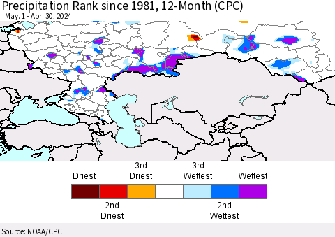 Russian Federation Precipitation Rank since 1981, 12-Month (CPC) Thematic Map For 5/1/2023 - 4/30/2024