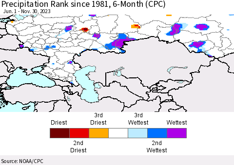 Russian Federation Precipitation Rank since 1981, 6-Month (CPC) Thematic Map For 6/1/2023 - 11/30/2023