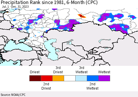 Russian Federation Precipitation Rank since 1981, 6-Month (CPC) Thematic Map For 7/1/2023 - 12/31/2023