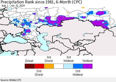 Russian Federation Precipitation Rank since 1981, 6-Month (CPC) Thematic Map For 8/1/2023 - 1/31/2024