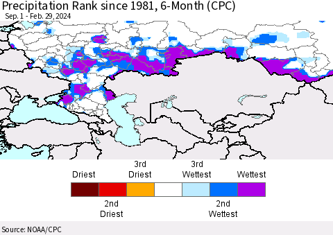 Russian Federation Precipitation Rank since 1981, 6-Month (CPC) Thematic Map For 9/1/2023 - 2/29/2024