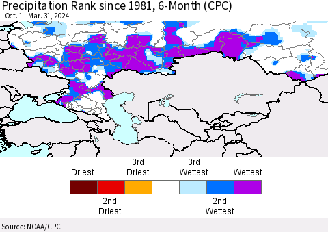 Russian Federation Precipitation Rank since 1981, 6-Month (CPC) Thematic Map For 10/1/2023 - 3/31/2024