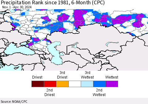 Russian Federation Precipitation Rank since 1981, 6-Month (CPC) Thematic Map For 11/1/2023 - 4/30/2024