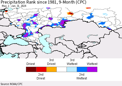 Russian Federation Precipitation Rank since 1981, 9-Month (CPC) Thematic Map For 5/1/2023 - 1/31/2024