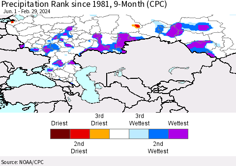 Russian Federation Precipitation Rank since 1981, 9-Month (CPC) Thematic Map For 6/1/2023 - 2/29/2024
