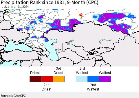Russian Federation Precipitation Rank since 1981, 9-Month (CPC) Thematic Map For 7/1/2023 - 3/31/2024