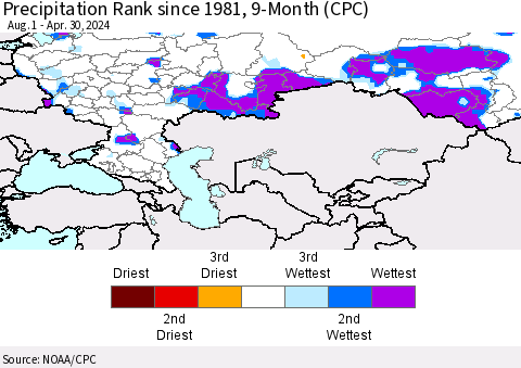 Russian Federation Precipitation Rank since 1981, 9-Month (CPC) Thematic Map For 8/1/2023 - 4/30/2024
