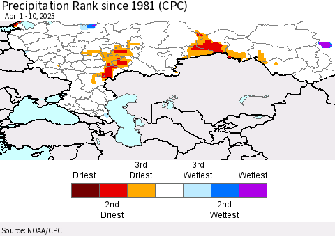 Russian Federation Precipitation Rank since 1981 (CPC) Thematic Map For 4/1/2023 - 4/10/2023