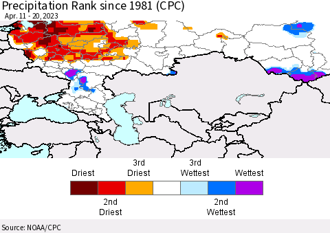 Russian Federation Precipitation Rank since 1981 (CPC) Thematic Map For 4/11/2023 - 4/20/2023