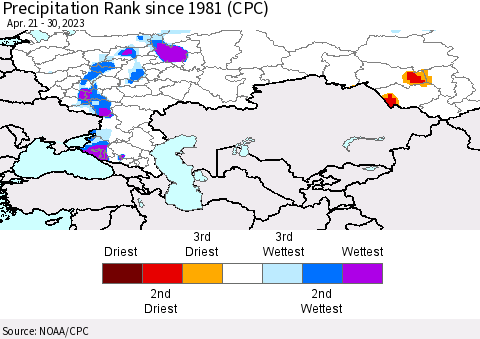 Russian Federation Precipitation Rank since 1981 (CPC) Thematic Map For 4/21/2023 - 4/30/2023