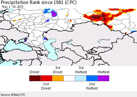 Russian Federation Precipitation Rank since 1981 (CPC) Thematic Map For 5/1/2023 - 5/10/2023