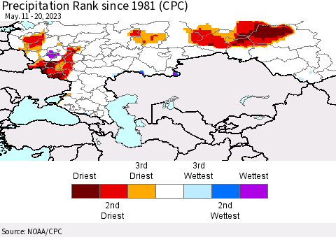 Russian Federation Precipitation Rank since 1981 (CPC) Thematic Map For 5/11/2023 - 5/20/2023
