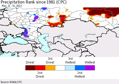 Russian Federation Precipitation Rank since 1981 (CPC) Thematic Map For 5/21/2023 - 5/31/2023