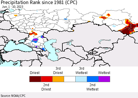 Russian Federation Precipitation Rank since 1981 (CPC) Thematic Map For 6/1/2023 - 6/10/2023