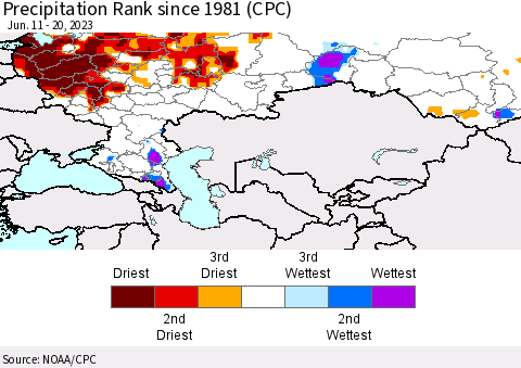 Russian Federation Precipitation Rank since 1981 (CPC) Thematic Map For 6/11/2023 - 6/20/2023