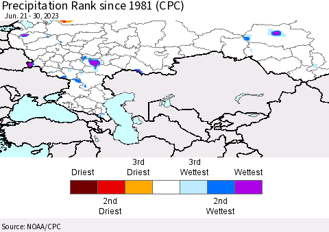 Russian Federation Precipitation Rank since 1981 (CPC) Thematic Map For 6/21/2023 - 6/30/2023