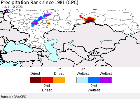 Russian Federation Precipitation Rank since 1981 (CPC) Thematic Map For 7/1/2023 - 7/10/2023