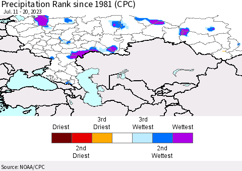 Russian Federation Precipitation Rank since 1981 (CPC) Thematic Map For 7/11/2023 - 7/20/2023