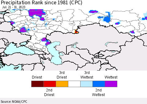 Russian Federation Precipitation Rank since 1981 (CPC) Thematic Map For 7/21/2023 - 7/31/2023