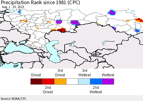 Russian Federation Precipitation Rank since 1981 (CPC) Thematic Map For 8/1/2023 - 8/10/2023