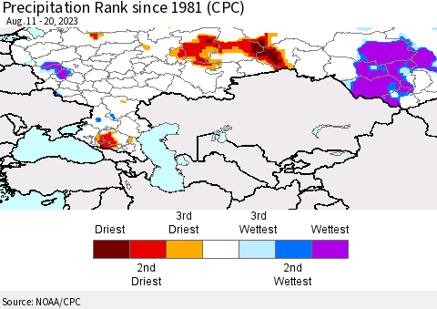 Russian Federation Precipitation Rank since 1981 (CPC) Thematic Map For 8/11/2023 - 8/20/2023