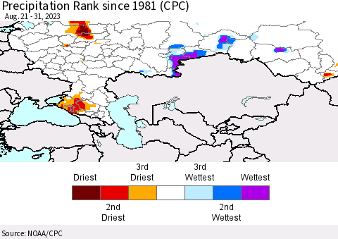 Russian Federation Precipitation Rank since 1981 (CPC) Thematic Map For 8/21/2023 - 8/31/2023