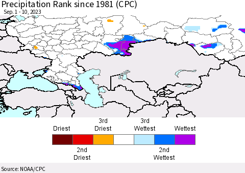 Russian Federation Precipitation Rank since 1981 (CPC) Thematic Map For 9/1/2023 - 9/10/2023
