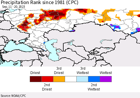 Russian Federation Precipitation Rank since 1981 (CPC) Thematic Map For 9/11/2023 - 9/20/2023