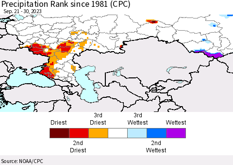 Russian Federation Precipitation Rank since 1981 (CPC) Thematic Map For 9/21/2023 - 9/30/2023