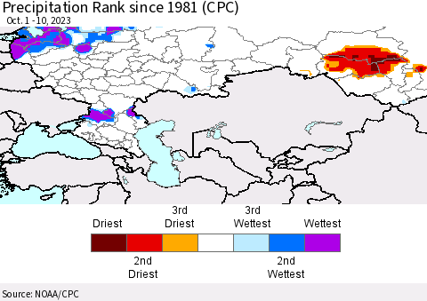 Russian Federation Precipitation Rank since 1981 (CPC) Thematic Map For 10/1/2023 - 10/10/2023