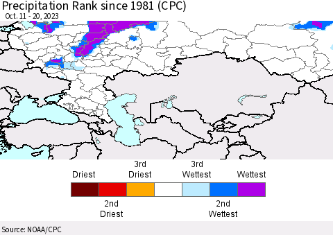 Russian Federation Precipitation Rank since 1981 (CPC) Thematic Map For 10/11/2023 - 10/20/2023
