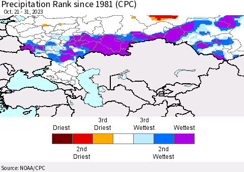 Russian Federation Precipitation Rank since 1981 (CPC) Thematic Map For 10/21/2023 - 10/31/2023
